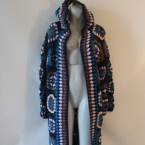 NWT Womens Tina Demel Purple Multi Wool Granny Hooded Open Cardigan Sweater OS